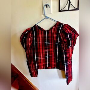 Zara Red Black Tartan Plaid Top Puff Sleeve XS